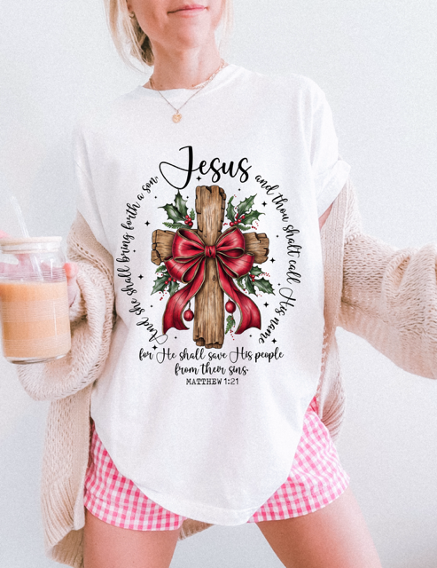 Jesus with Cross and red bow